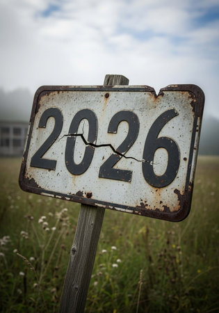 Old rusty metal sign with the number 2016 on a meadow.の写真素材