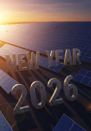 New year in solar panels. 3D render. Conceptual imageの写真素材