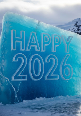 Happy new year written on ice with mountains in the background.の写真素材