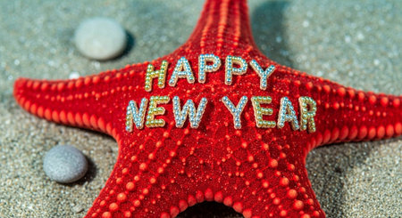 Happy New Year text on red starfish on sandy beach with pebblesの写真素材