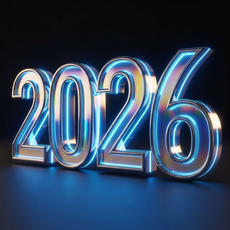 New Year. 3D illustration. Glowing neon numbers.の写真素材