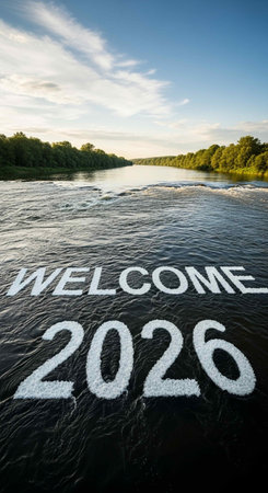 Inscription welcome 2026 on the background of the river and blue skyの写真素材