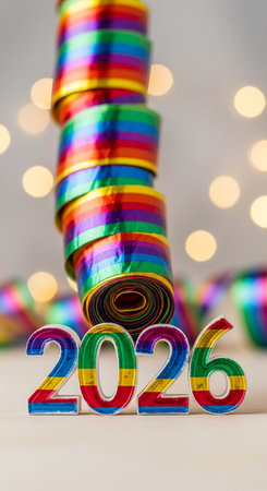 Happy New Year concept. Colorful ribbons on bokeh backgroundの写真素材