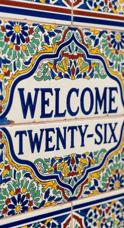 Detail of the Portuguese tiles with the words Welcome Twenty-Sixの写真素材