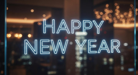 Happy New Year written on glass with bokeh background. 3D renderingの写真素材