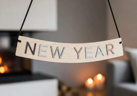 Wooden sign with the word new year hanging in front of fireplaceの写真素材