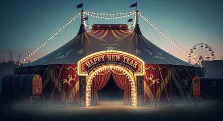 Circus tent with lights at night. Vintage stylized illustration.の写真素材
