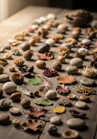 autumn still life with stones and autumn leaves on a wooden backgroundの写真素材