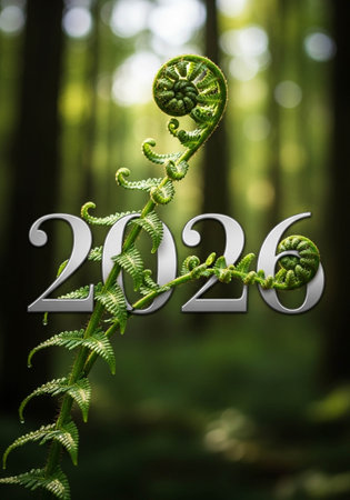 New Year's card with fern and numbers 2026 in the forestの写真素材