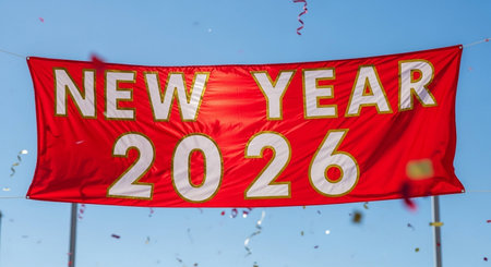 New Year 2016 written on red banner with blue sky in background.の写真素材