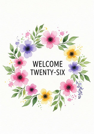 Watercolor floral wreath with colorful flowers and leaves on white backgroundの写真素材