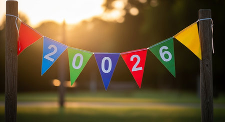 Happy New Year text on colorful bunting flags at sunset.の写真素材