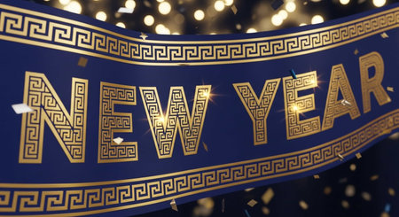 New Year banner with golden ornament on bokeh background. 3D renderingの写真素材