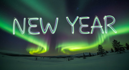 Aurora borealis in the night sky with the word new yearの写真素材