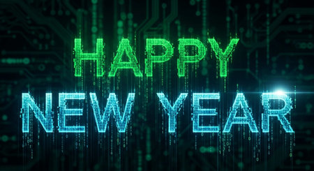 Happy new year text with binary code on circuit board background 3D renderingの写真素材