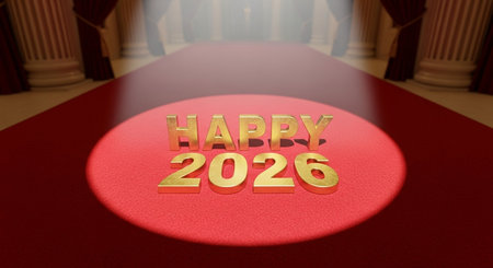 Happy new year greeting card with red carpet and spotlight. 3D renderingの写真素材