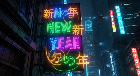 New Year's Eve neon sign in New York City, USA.の写真素材