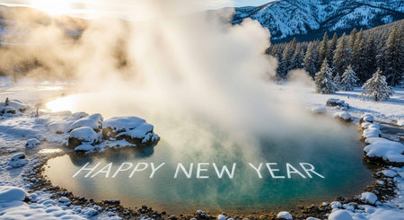 Happy New Year! Beautiful winter landscape with a lake in the mountains.の写真素材