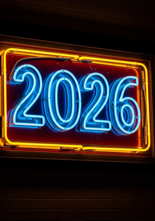 New Year neon sign on the wall in black and white toneの写真素材