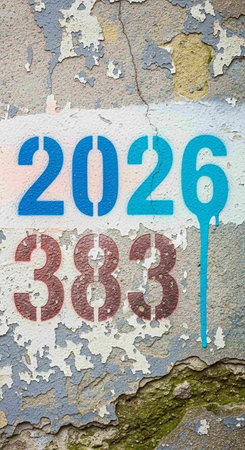 Number 2026 on the wall of an old building with blue paint.の写真素材