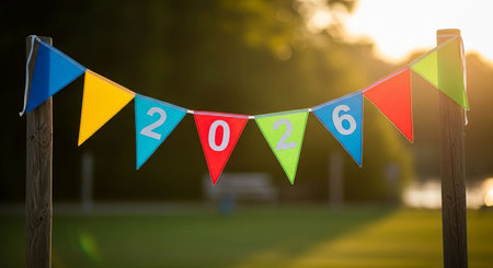 Bunting flags for the new year on a football fieldの写真素材