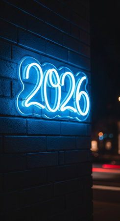Neon sign in the shape of a number 2016 on a brick wall.の写真素材