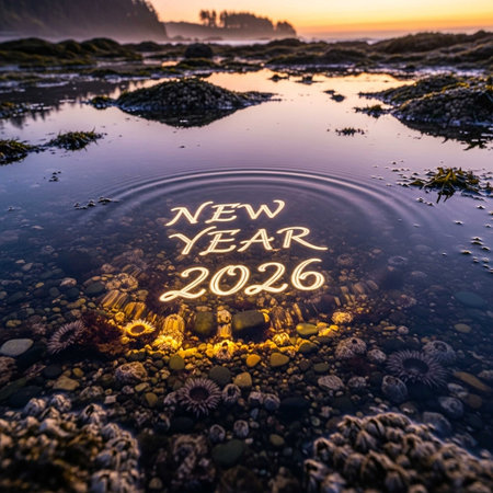 New Year 2026 written on a stone with reflection in the water.の写真素材