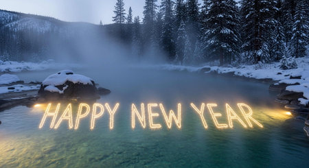Happy new year written on a lake in the mountains. 3D renderingの写真素材