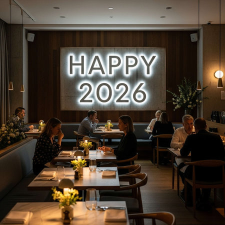 Cheerful people sitting in a restaurant and smilingの写真素材