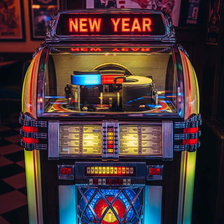 Retro slot machine with the words new year on the display.の写真素材