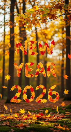 Happy New Year 2020 written in autumn leaves on the background of the forestの写真素材