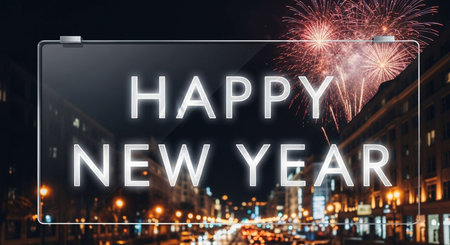 Happy New Year written on a blackboard with fireworks on the backgroundの写真素材