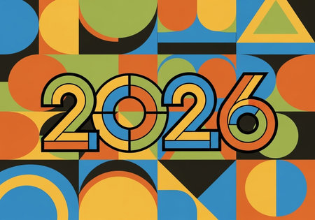 Happy New Year greeting card with colorful geometric pattern. Vector illustration.の写真素材