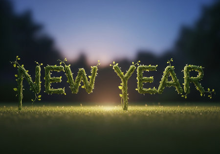 New year written with green grass on sunset background. 3D renderingの写真素材