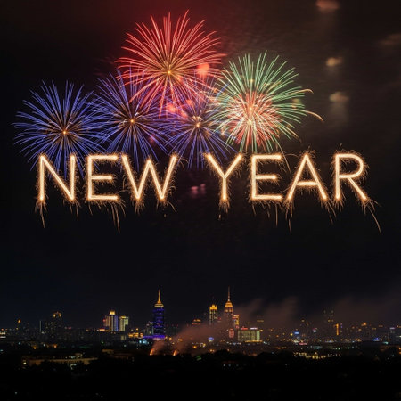 Happy new year 2019 written with Sparkle firework over cityscape backgroundの写真素材