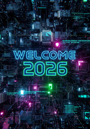 3D rendering of the city of Tokyo in neon style with the words Welcome 2026.の写真素材