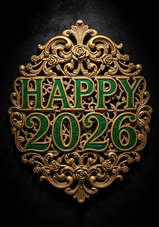 Happy new year 2016 with gold ornament on black background. 3D renderingの写真素材