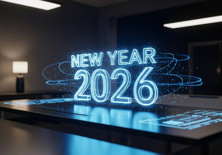 Creative glowing new year 2016 hologram on modern laptop screen. 3D Renderingの写真素材
