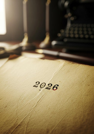 New Year concept. Vintage typewriter and old paper on the tableの写真素材