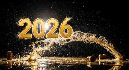 Happy New Year. Golden numbers 2026 and champagne corks on black backgroundの写真素材