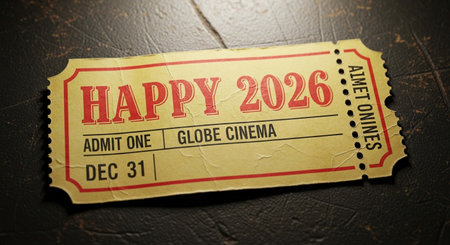 Happy new year concept. Retro cinema ticket on a dark background.の写真素材