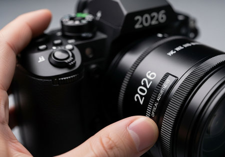Closeup of male hand holding digital SLR camera. Focus on cameraの写真素材
