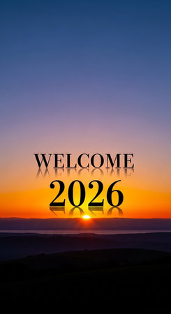 New Year greeting card with the image of the sun setting over the mountainsの写真素材