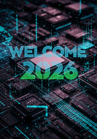 Conceptual hand writing showing Welcome 2020. Concept meaning express good wishes when parting or at the end of last year Electronic circuit board futuristic backgroundの写真素材