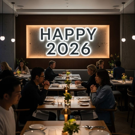 Happy New Year celebration greeting card with people in a restaurant.の写真素材