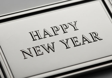 Happy New Year words on silver ingot, closeup of photoの写真素材