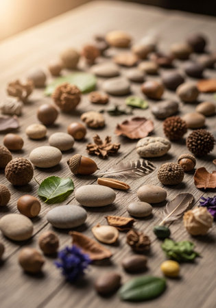 Autumn composition with pebbles, acorns and leaves on wooden backgroundの写真素材