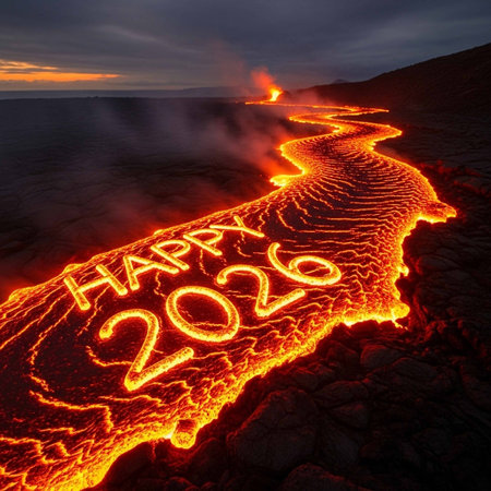 new year in the crater of volcano. 3D illustration.の写真素材