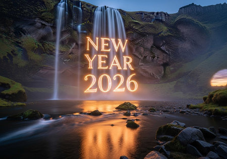 New Year written on a waterfall at night. 3D renderingの写真素材
