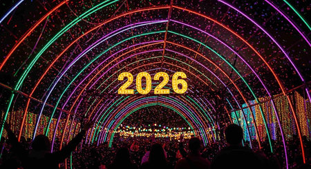 New Year's Eve in Moscow. Silhouettes of people on the background of colorful lights.の写真素材